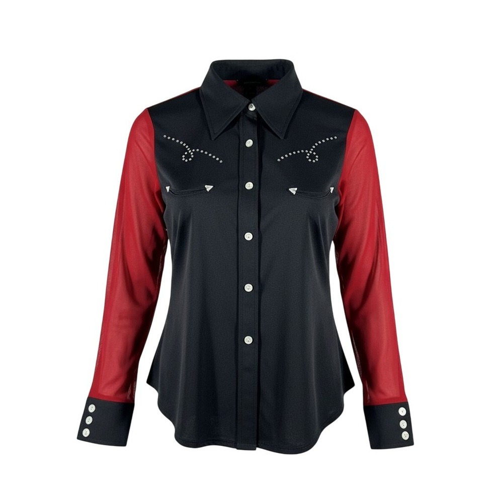 Western Ethics Women's Black Red Mesh Sleeve Rhinestone Button Up Shirt Large